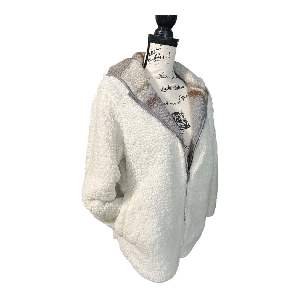 Reversible Teddy Sherpa Jacket L White Fleece & Gray Plaid Zip-Up Hooded Coat